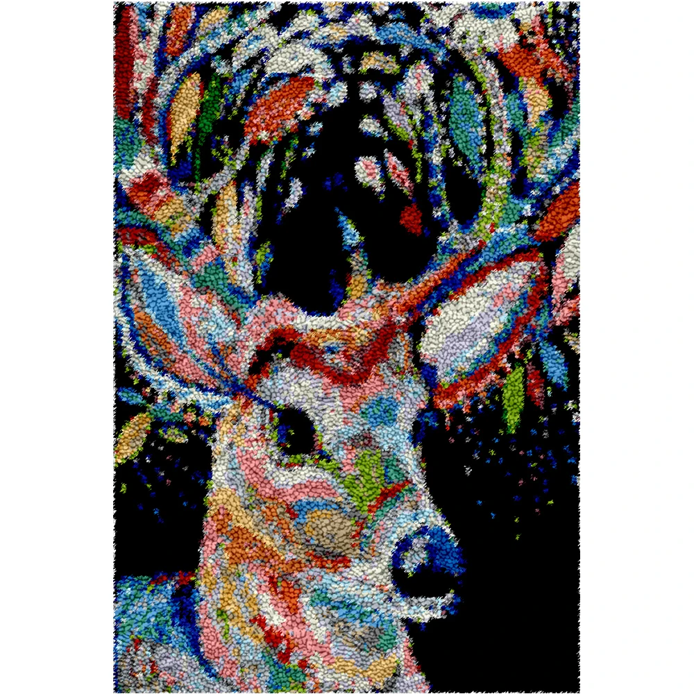 

Latch Hook Kit for Adults DIY Rug Making Kits with Preprinted Canvas Colored Deer Pattern Crochet Embroidery Carpet Set 69X102CM