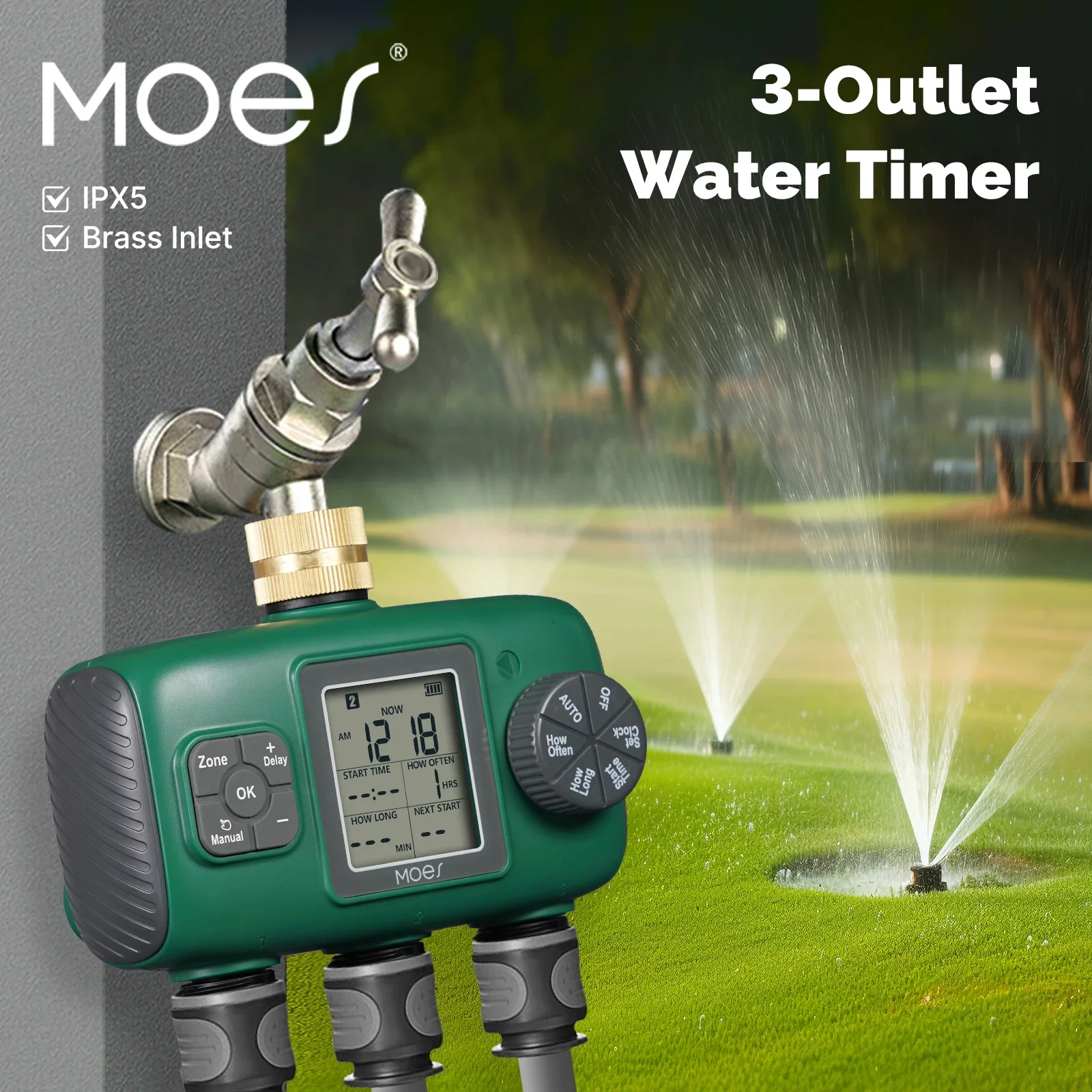 

MOES 3-Outlet Smart Water Timer Brass Inlet IPX5Waterproof Knob Button Automatic Irrigation LCD Display Screen Garden Sprinkler