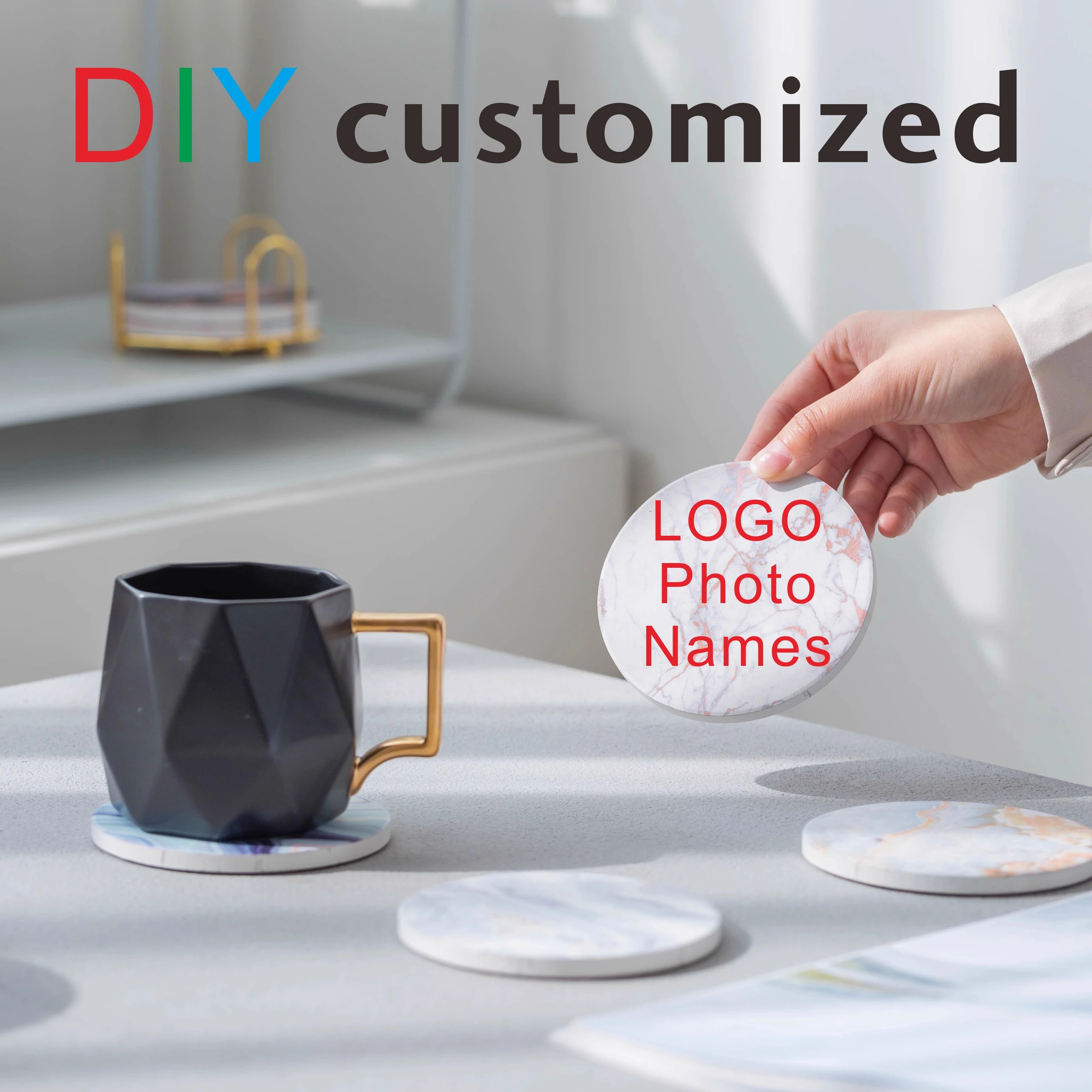 Ceramic Coaster with Customized Print Logo,  Cork Backing Cup, Mug Mat, Pad for Kitchen Desk, Photo Text, DIY