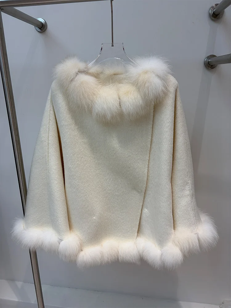2026 Casual Winter Lady Real Natural Fox Fur Collar Jacket Wool Cloak Cashmere Coat Warm Luxury Thick Female Coat