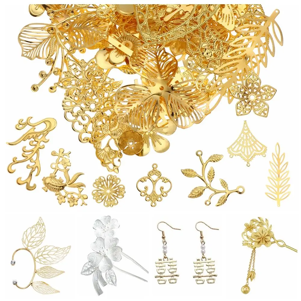 50g Gift Hairpin Crafting Barrettes DIY Accessories Retro Filigree Butterflies Leaves Metal Flower Slices Mixed Pattern