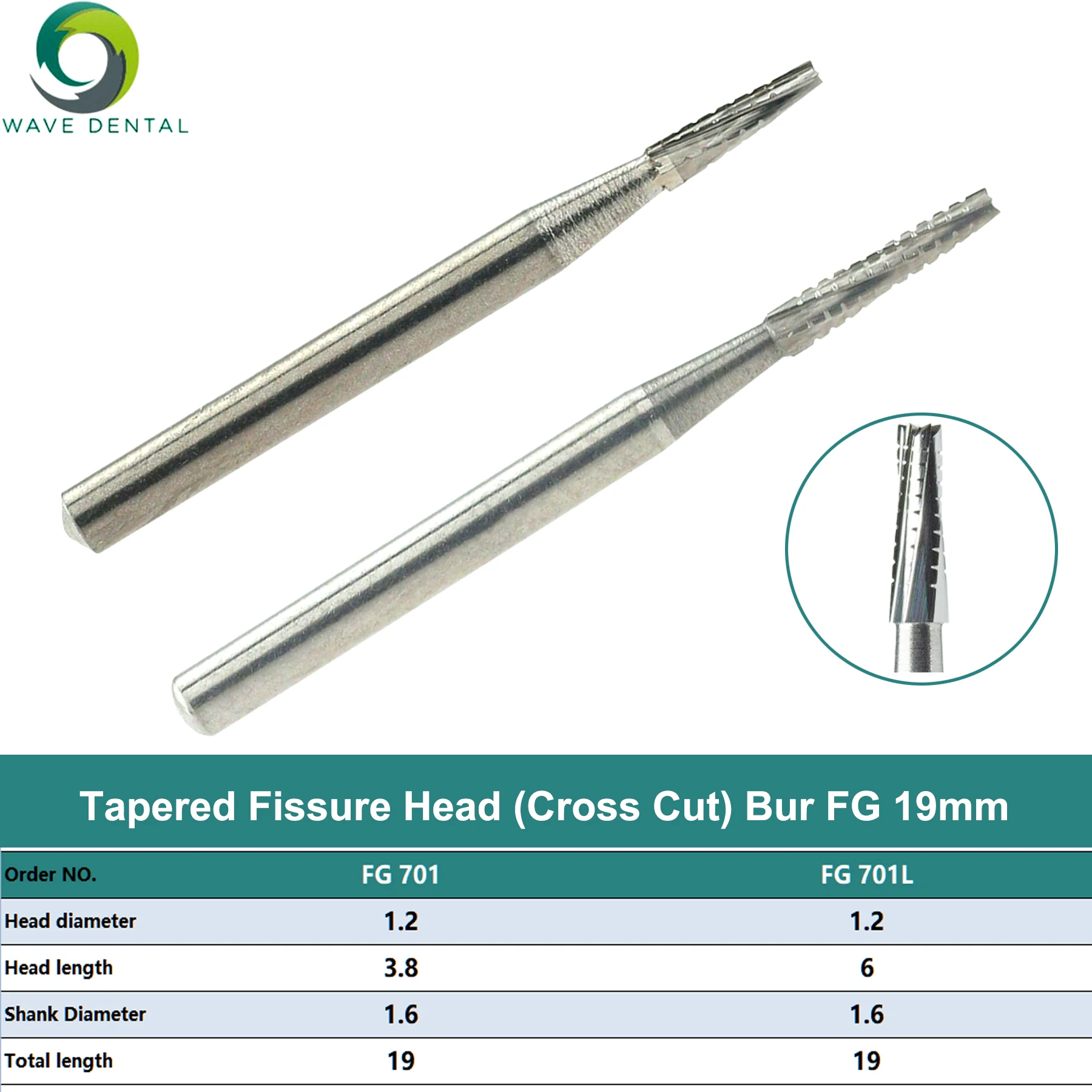 PRIMA WAVE Dental Burs Tungsten Carbide Tapered  Fissure Cross Cut Head  Type FG 701 701L For High Speed Handpiece 5Pcs/Pack