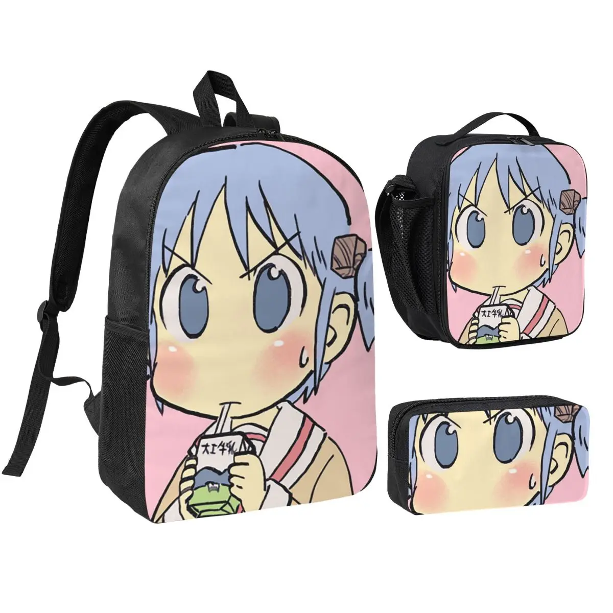 Picture Of Mio Drinking Milk Carton Backpack BookBag School Bag Computer Shoulder Bags 3ps Insulated Lunch Bag Pencil Case