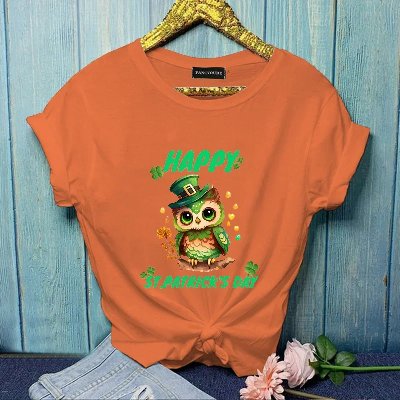 Short Sleeve T Shirt HAPPY St. Patrick's Day Casual T-Shirt Cute Cartoon Owl Women's Round Neck Top Creative Graphic Printed Tee