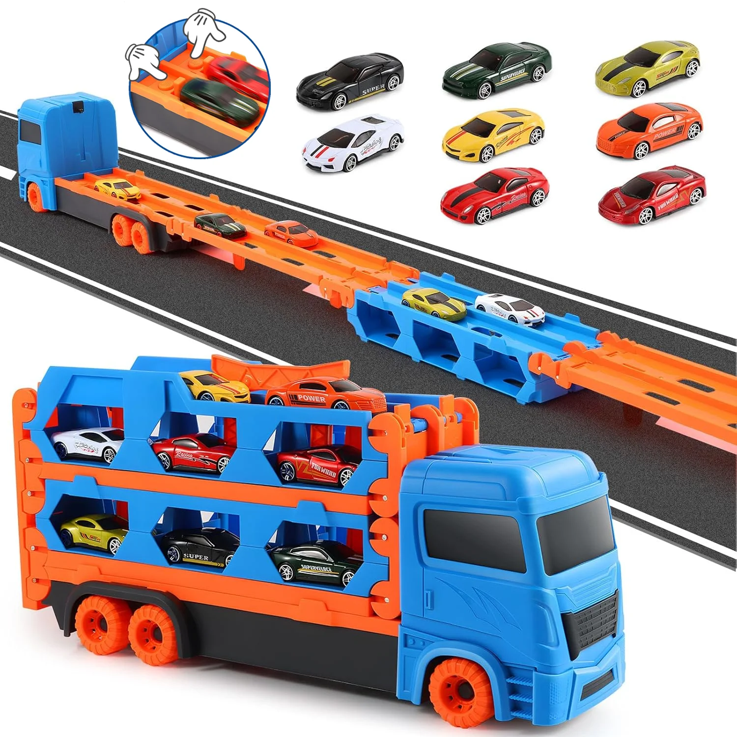 Toddler Transport Truck Toy for Kid Boy 65-Inch Foldable Track 9 in 1 Die-Cast Race Car Carrier Truck Toy Children Birthday Gift