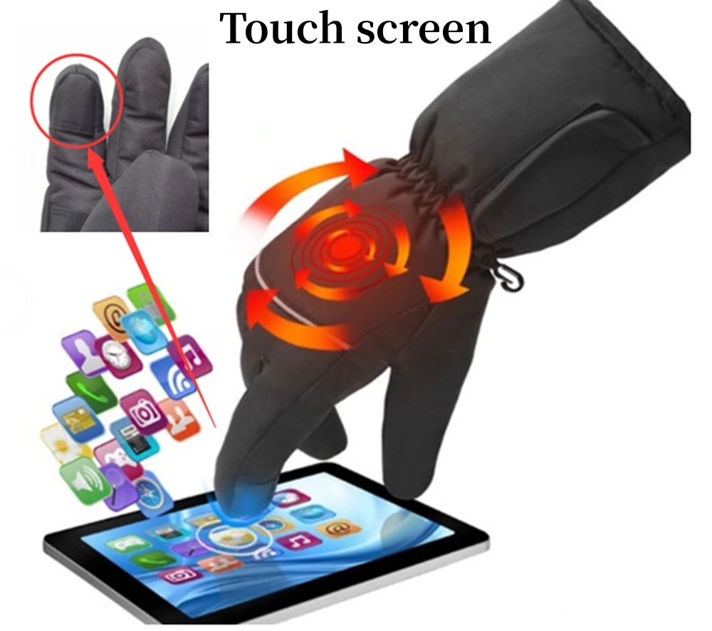ถุงมือทำงานแบบมีฮีตเตอร์ USB กันลม ถุงมืออุ่นมือสำหรับฤดูหนาว ถุงมือสกีอุ่น พร้อมกล่องแบตเตอรี่