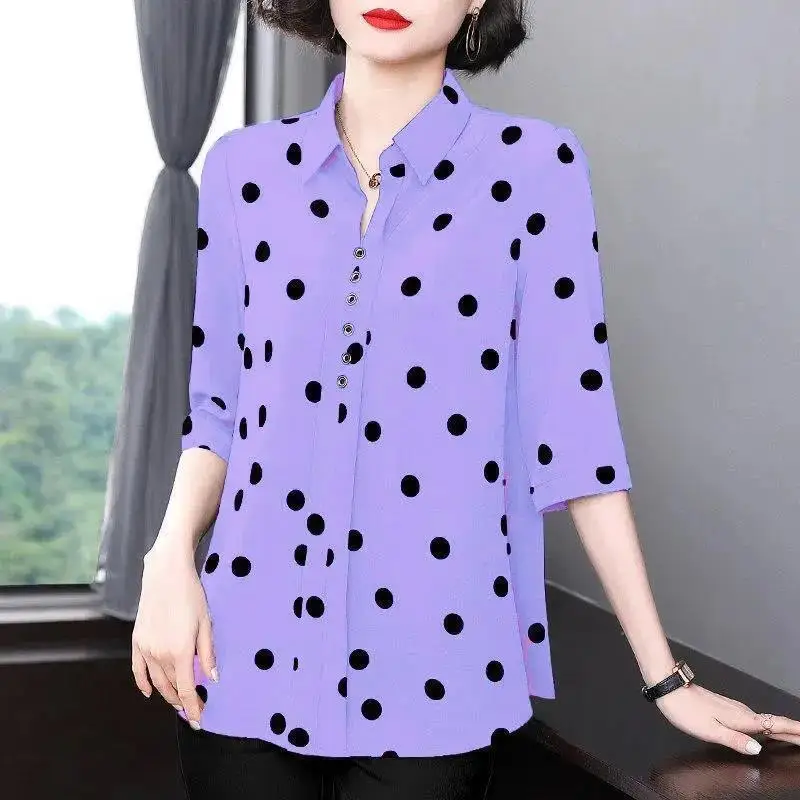 2023 New Versatile Commuter Women's Clothing Simplicity Dot Print Buttons V-neck Half Sleeve Temperament Pullover Shirt