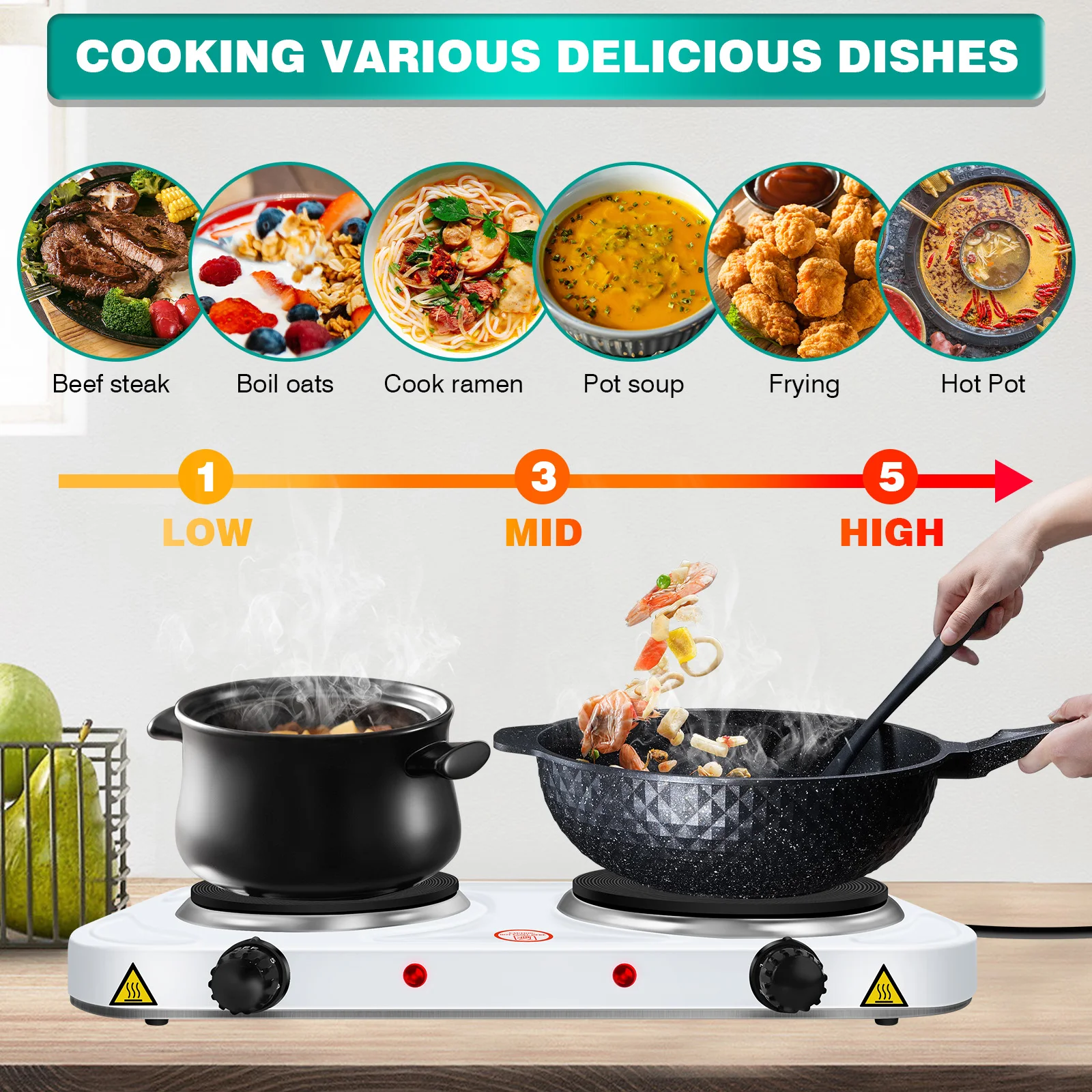 موقد كهربائي سلكي 1500 وات، لوح تسخين مزدوج، موقد كهربائي بحلقتين مع إعدادات حرارة متغيرة، طباخ كهربائي على سطح الطاولة، مخيم