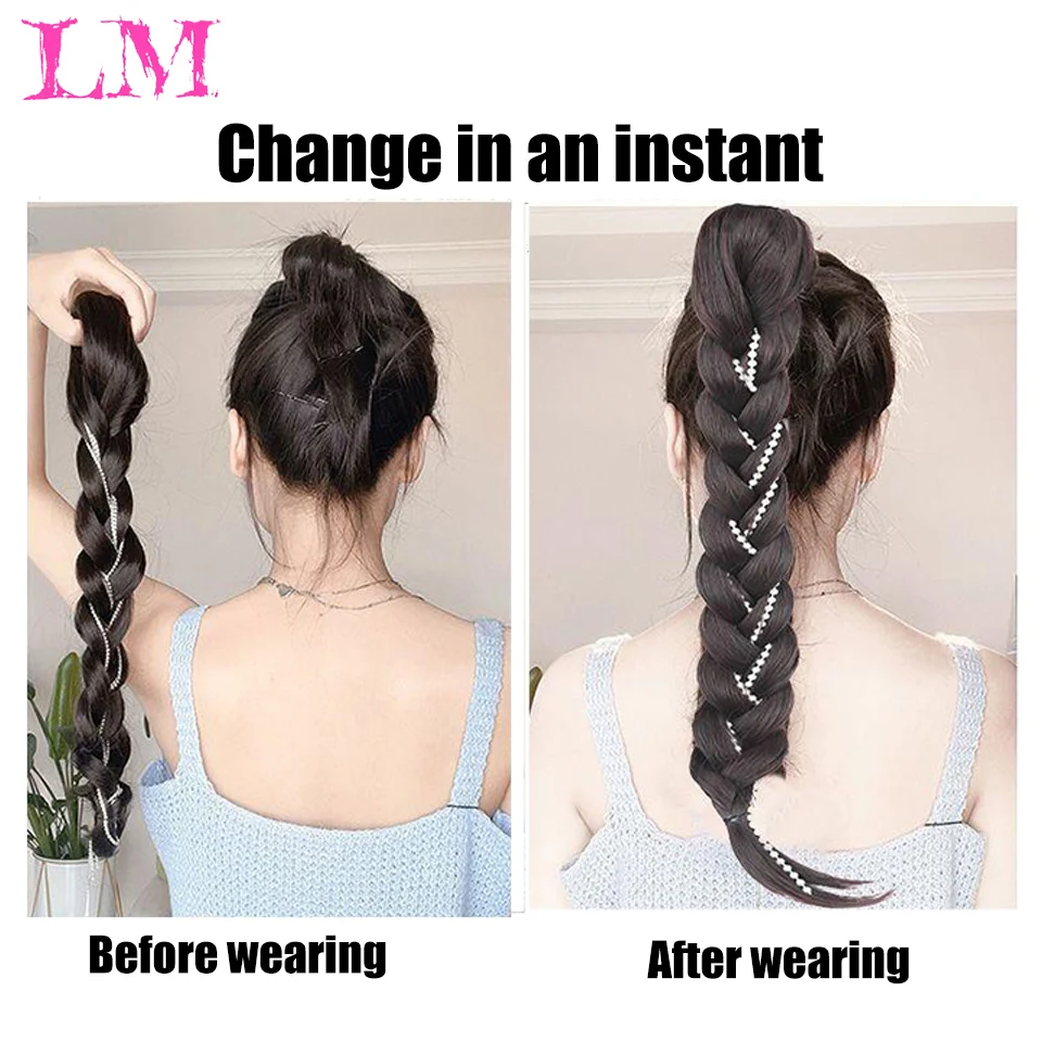 Lm extensões de rabo de cavalo trançado sintético marrom preto loiro rabo de cavalo com laço de cabelo para mulheres extensões de cabelo falso