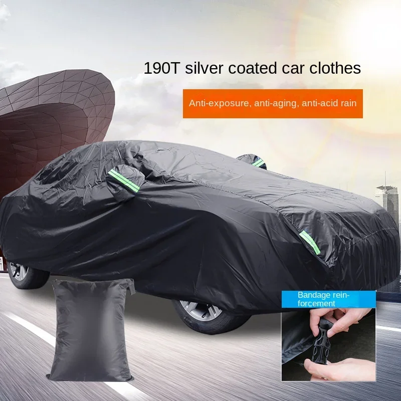 Nova capa de carro, tecido revestido de prata 190t preto completo, capa de carro para proteção solar contra chuva com faixa reflexiva capa de carro de poliéster