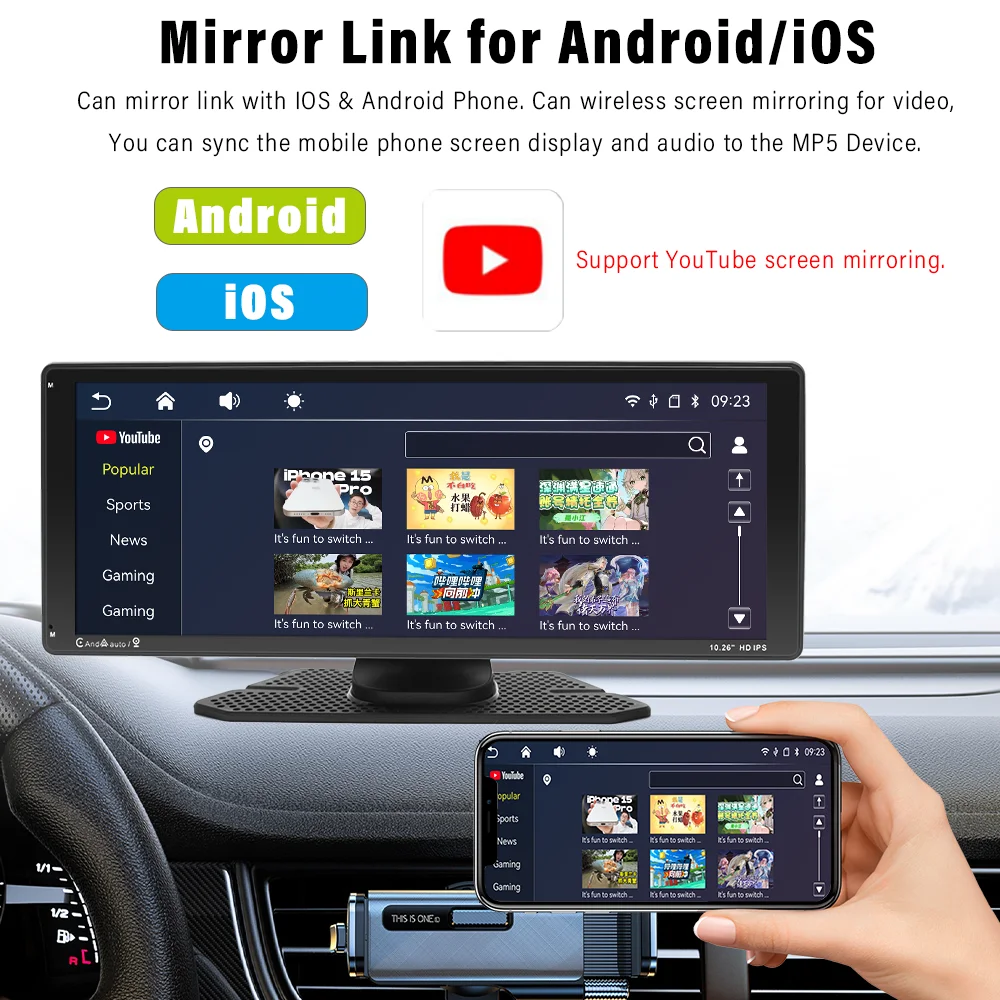 10,26 Zoll ips Touchscreen Auto Monitor Carplay Android Auto Wifi Dashboard Dash Cam Airplay Auto link Bluetooth EQ Smart Player