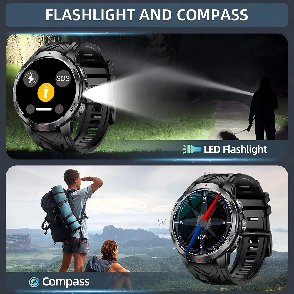 2025 NEW 1100mAh Military Outdoor Smart Watch Men LED Flashlight Compass Sports Watch IP68 Waterproof Bluetooth Call Smartwatch