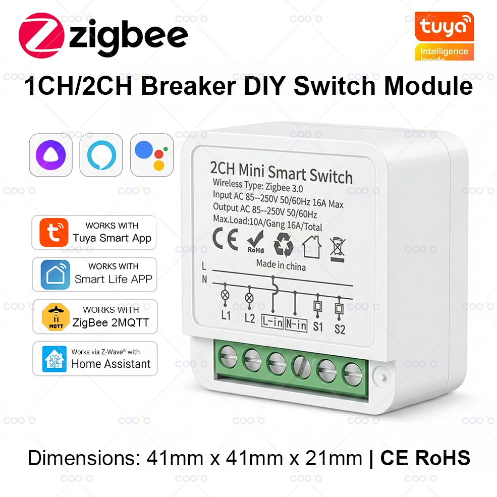 

Zigbee 1CH/2CH Smart Switch Breaker 16A Relay Smart Home Automation Module work with Tuya Hub Smart Life Alexa Google Home Alice