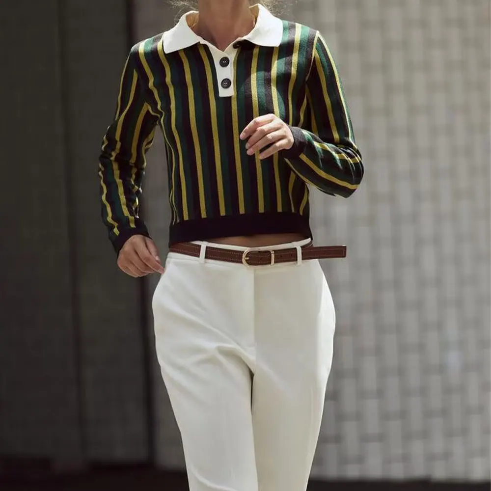 

Willshela Women Fashion Striped Knitted T-Shirt Lapel Neck Short Sleeves Female Chic Lady Casual Mujer Tops
