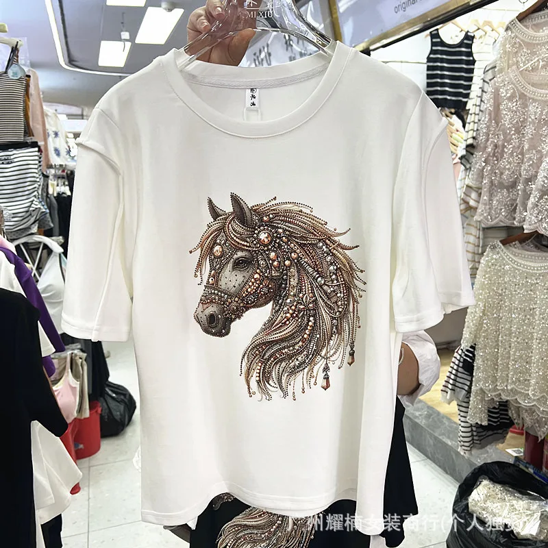 2026 New Spring Summer Women Casual Short Sleeve T-shirt Diamonds Animal Pattern All-match Round Neck Fashionable Cotton Tops