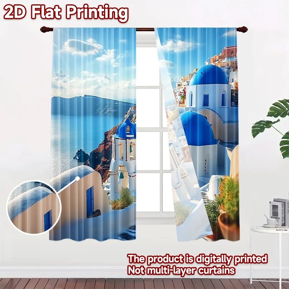 2D flat 2pcs Curtain Home Short Curtains Blue Dome Seaside Village Durable polyester fiber Family Party Decoration Use for