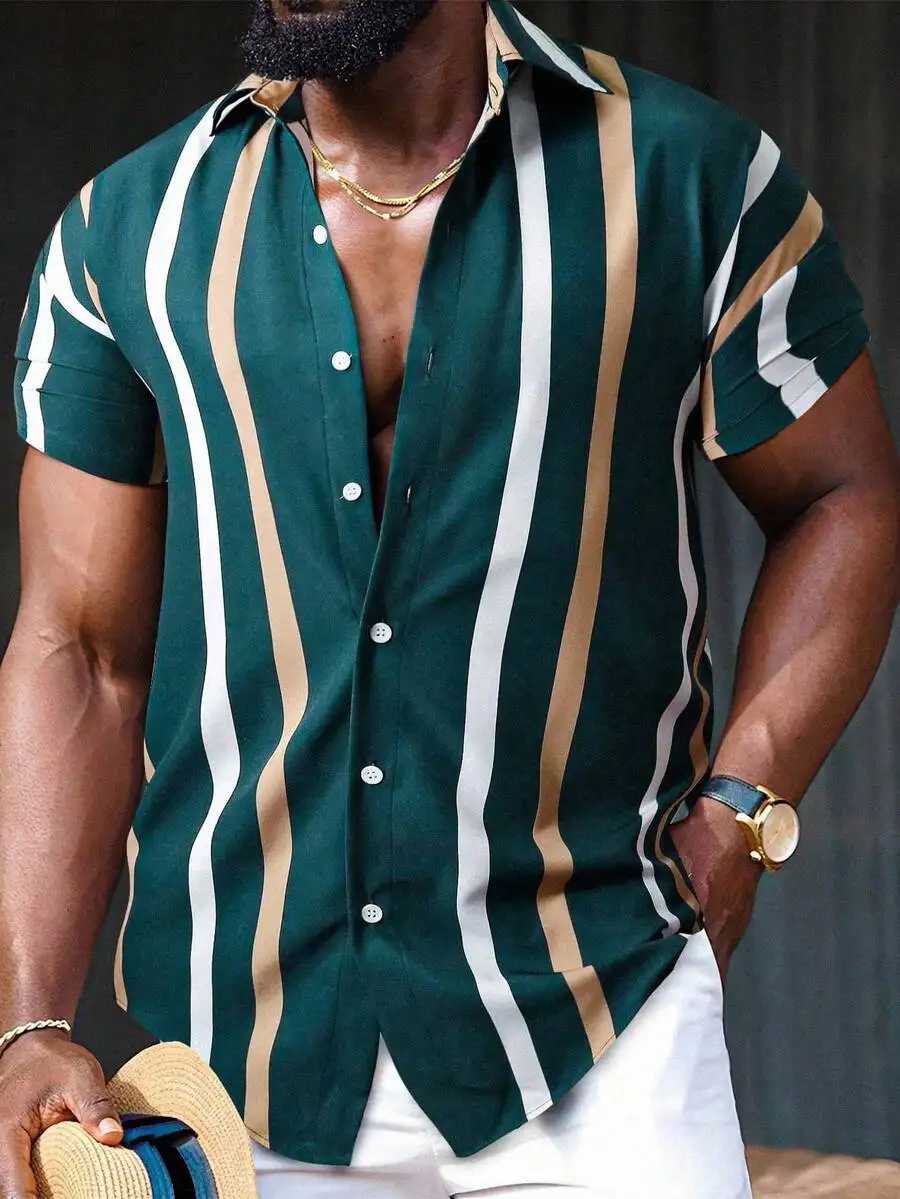 

Men's Vertical Stripe Short Sleeve Button-Up Casual Shirt - Green Beige White