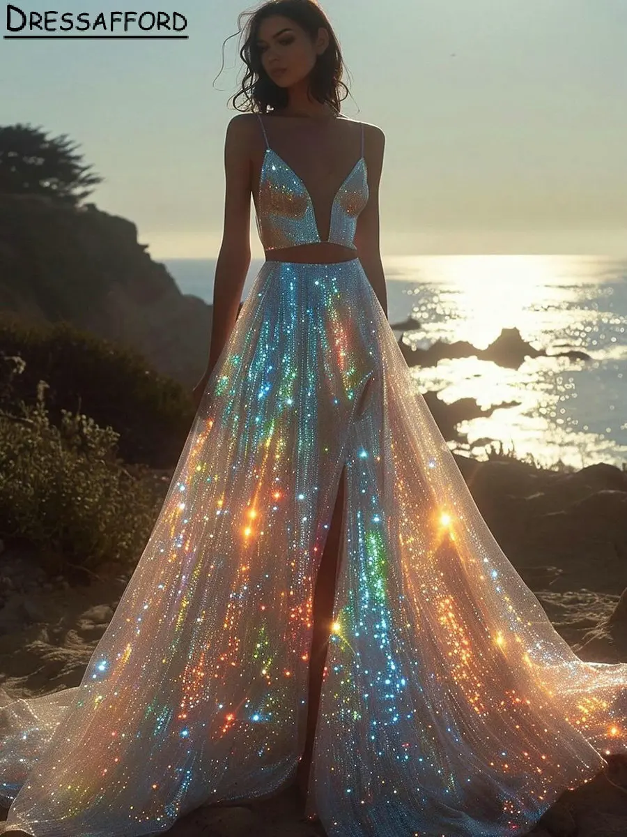 Glänzende, farbenfrohe Kristall-Spaghettiträger, A-Linie, Brautkleider, zweiteilige Brautkleider mit hohem Schlitz