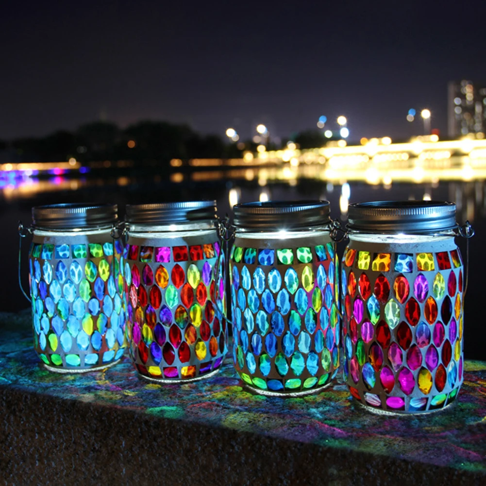 LED Mosaic Solar Light Waterproof Solar Glass Bottle Jar Table Lamp Glass Table Lamp for Garden Party Camping Terrace Yard Decor