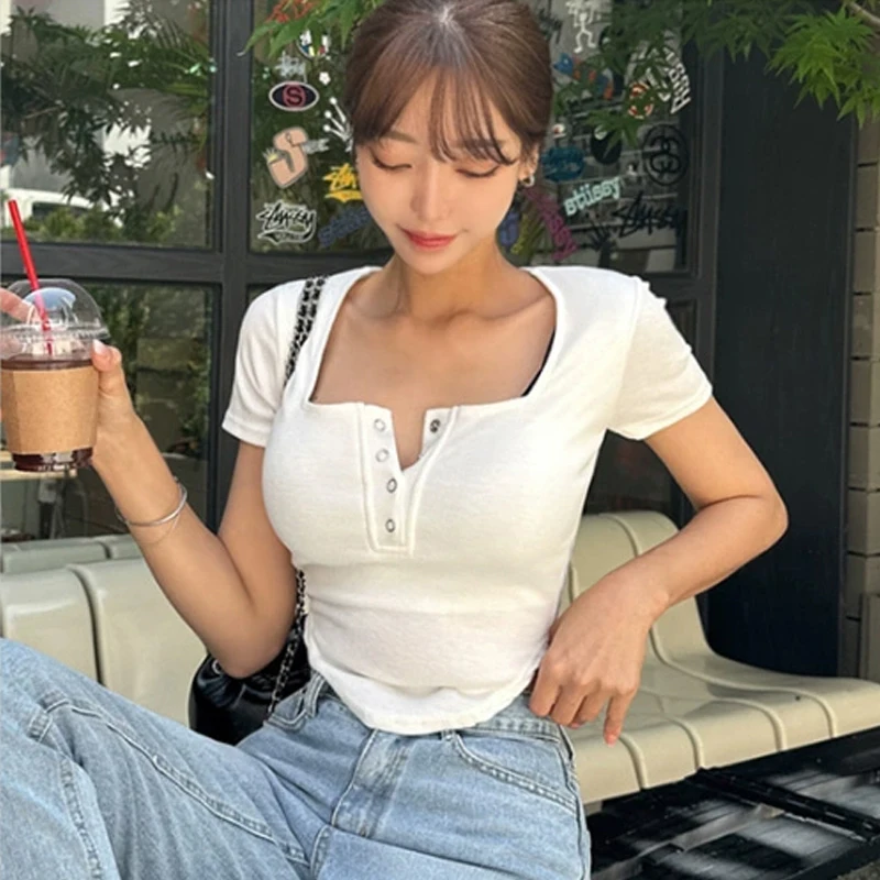 

Korean Style Curved Hem Crop Top 2026 Summer Women's T-shirt Irregular Sexy Slim Fit Short Sleeve Half Open Square Neck y2k Tees
