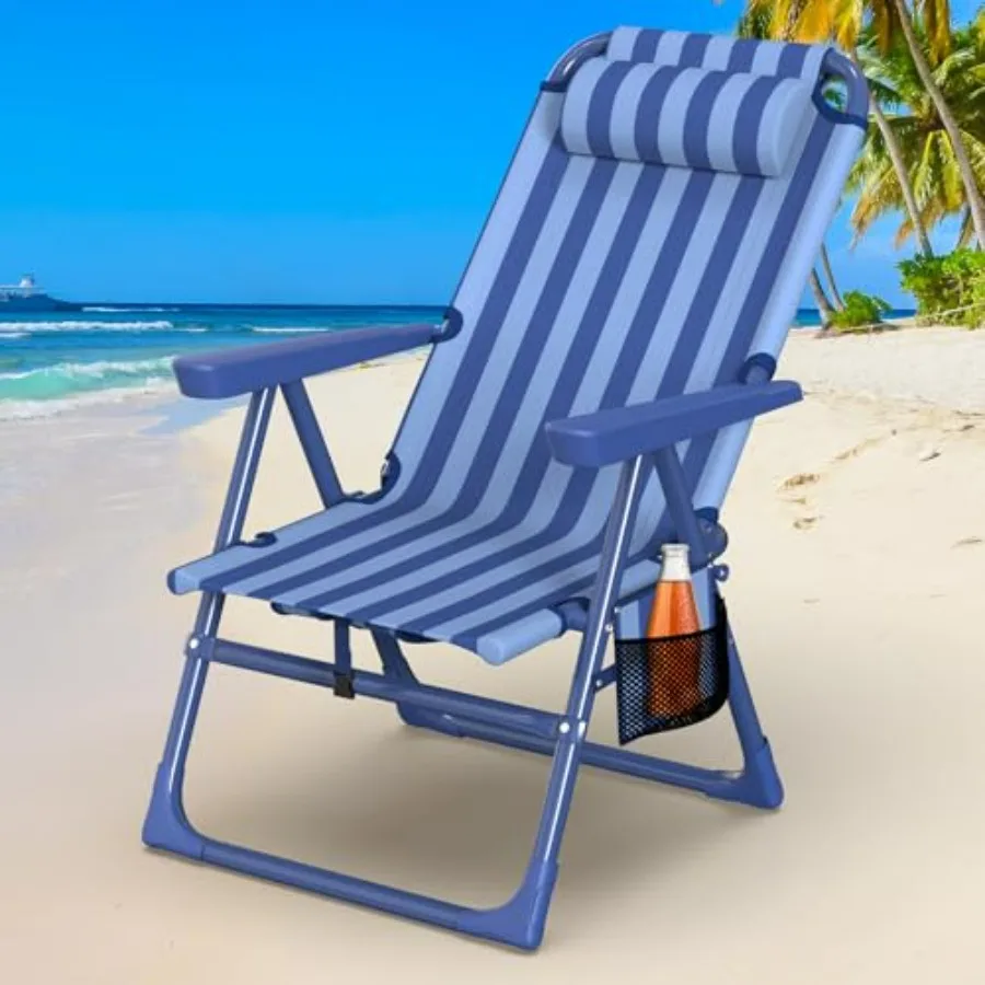 

Beach chair backpack for adults: aluminum frame, navy blue, 6-position reclining with integrated cooler bag and cup holder, lig