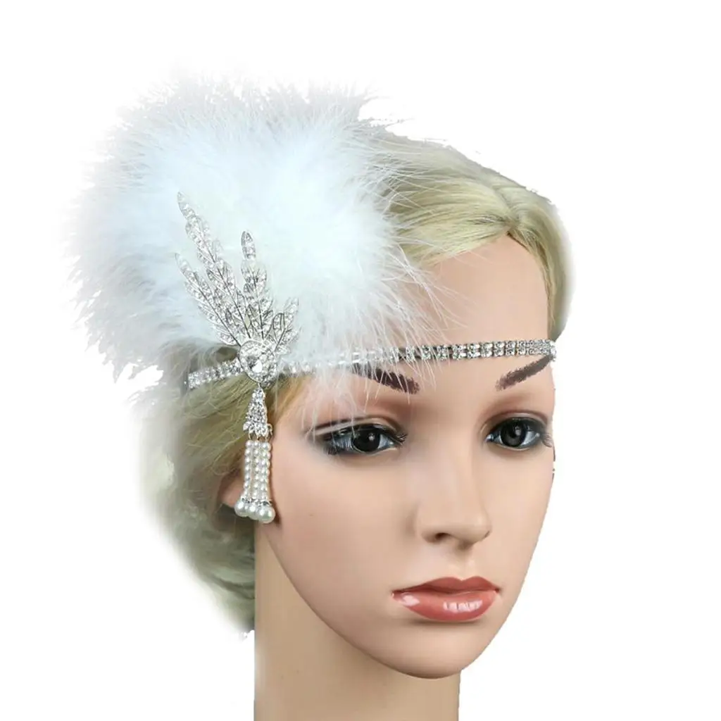 

Leaf Feather Fascinator 1920s Headband Church Party Beaded Headdress - White, 14cm