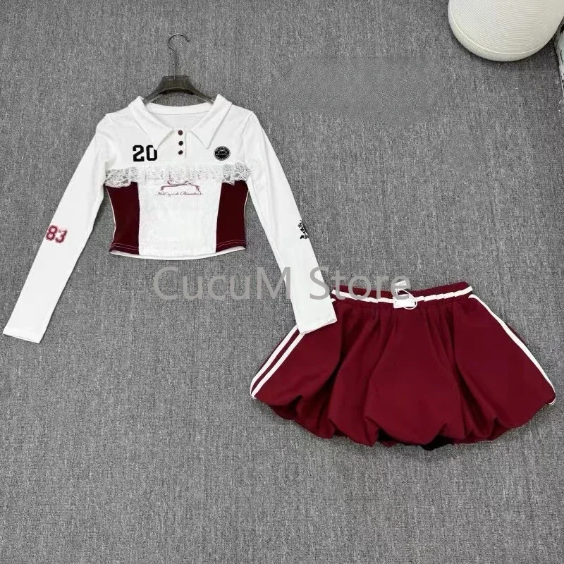 Amerika Kawaii Zoete 2-delige set E-meisjes Slanke Kant Crop Tops Polokraag + Rode Schattige Y2k Minirok Lolita Modeset Vrouw