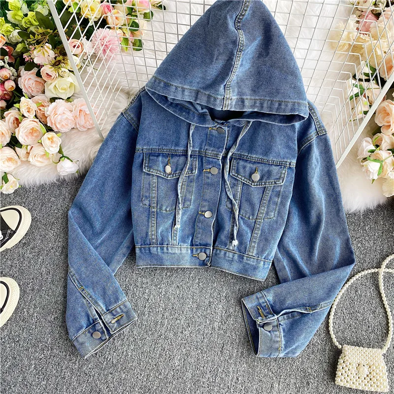 

High Waist ort Loose Fit Long Sve Women's Denim Jaet Autumn Winter New Sle Casual Versatile Hooded Coat Slimming Effect
