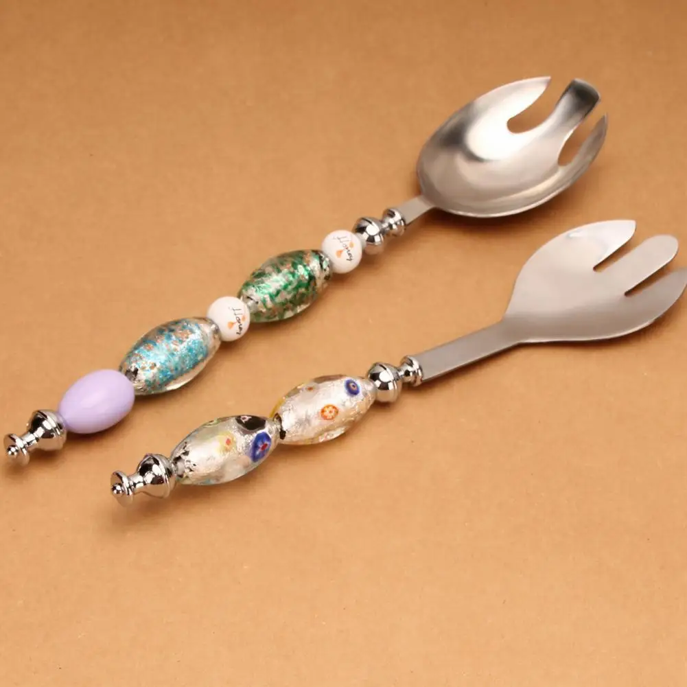 Beadable Stainless Steel Salad Spoon, DIY Beaded Dessert Spoon with Blank Handle, 2-in-1 Kitchen Fork Spoon Flatware Tableware