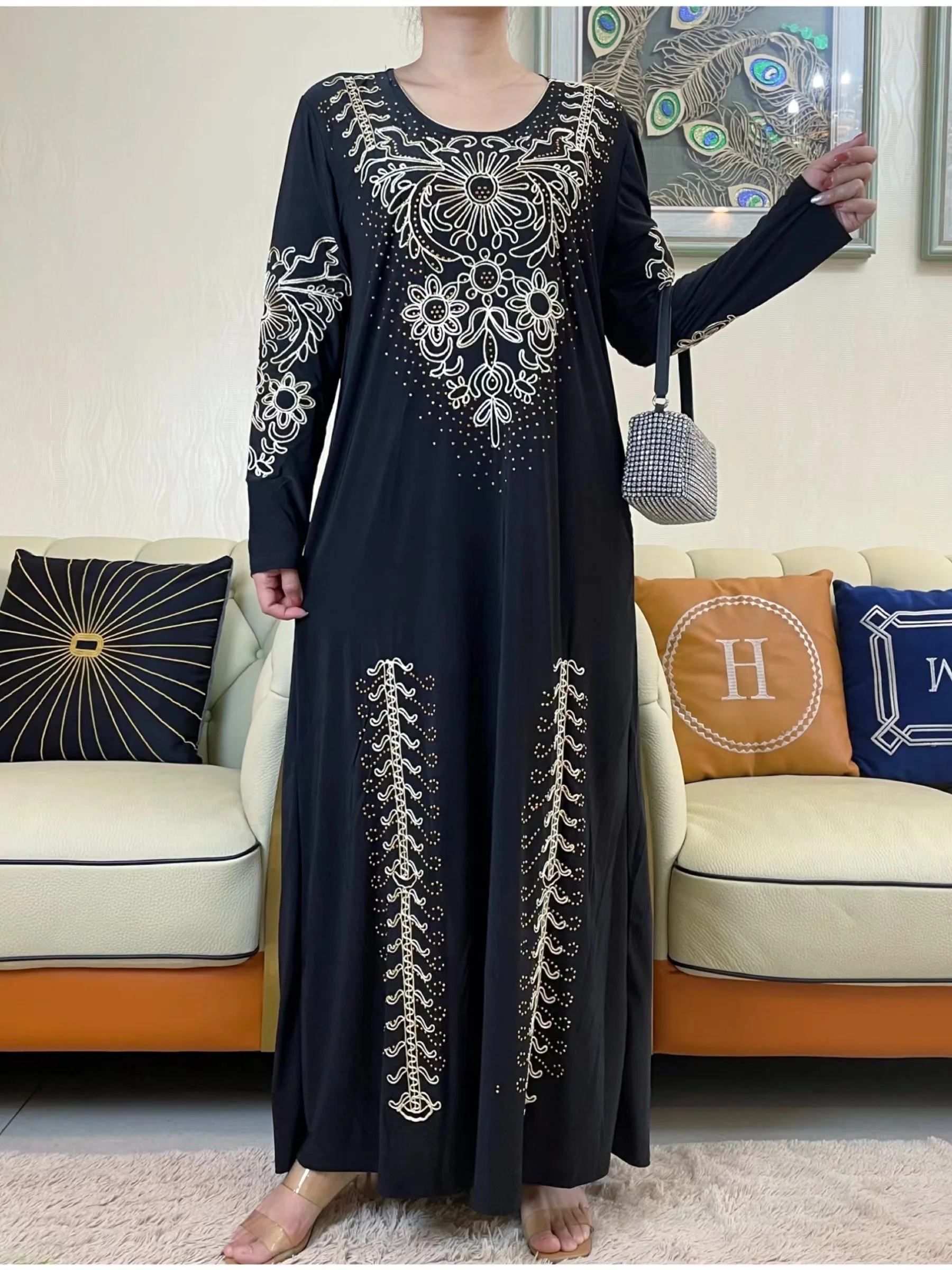 2023New Ramadan Muslim Turkey Women\'s Abaya Kaftan Embroidery Long Sleeve Ice Silk Fabric Prayer Dress Jibab Islam Cloth Caftan