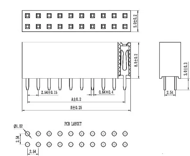 10 Stück 2,54 mm zweireihige Buchsenleiste 2,54 mm Rastermaß 2*2p 3p 4p 5p 6p 8p 10p 12p 40p Pin-Stecker – Detail 1