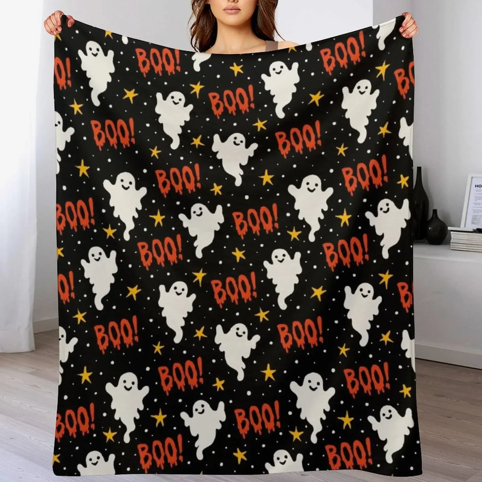 Boo! Halloween Ghosts on Black Throw Blanket Flannel Decorative Throw for babies Plaid on the sofa Blankets