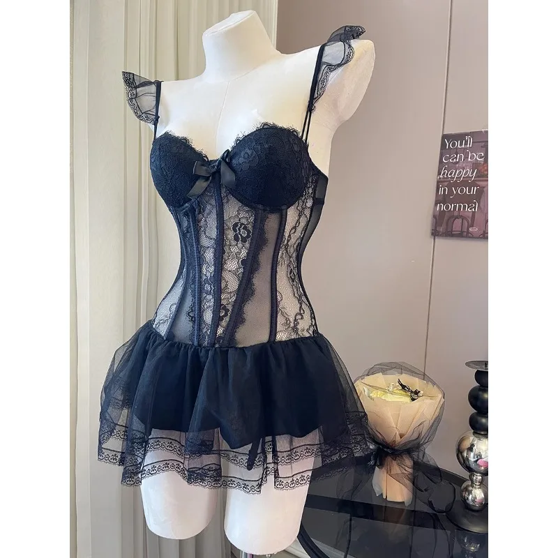 Conjuntos de sujetador y bragas para mujer, corsé de espina de pescado, lencería de encaje con tirantes, pijamas finos de realce con almohadillas para el pecho, ropa interior para adultos