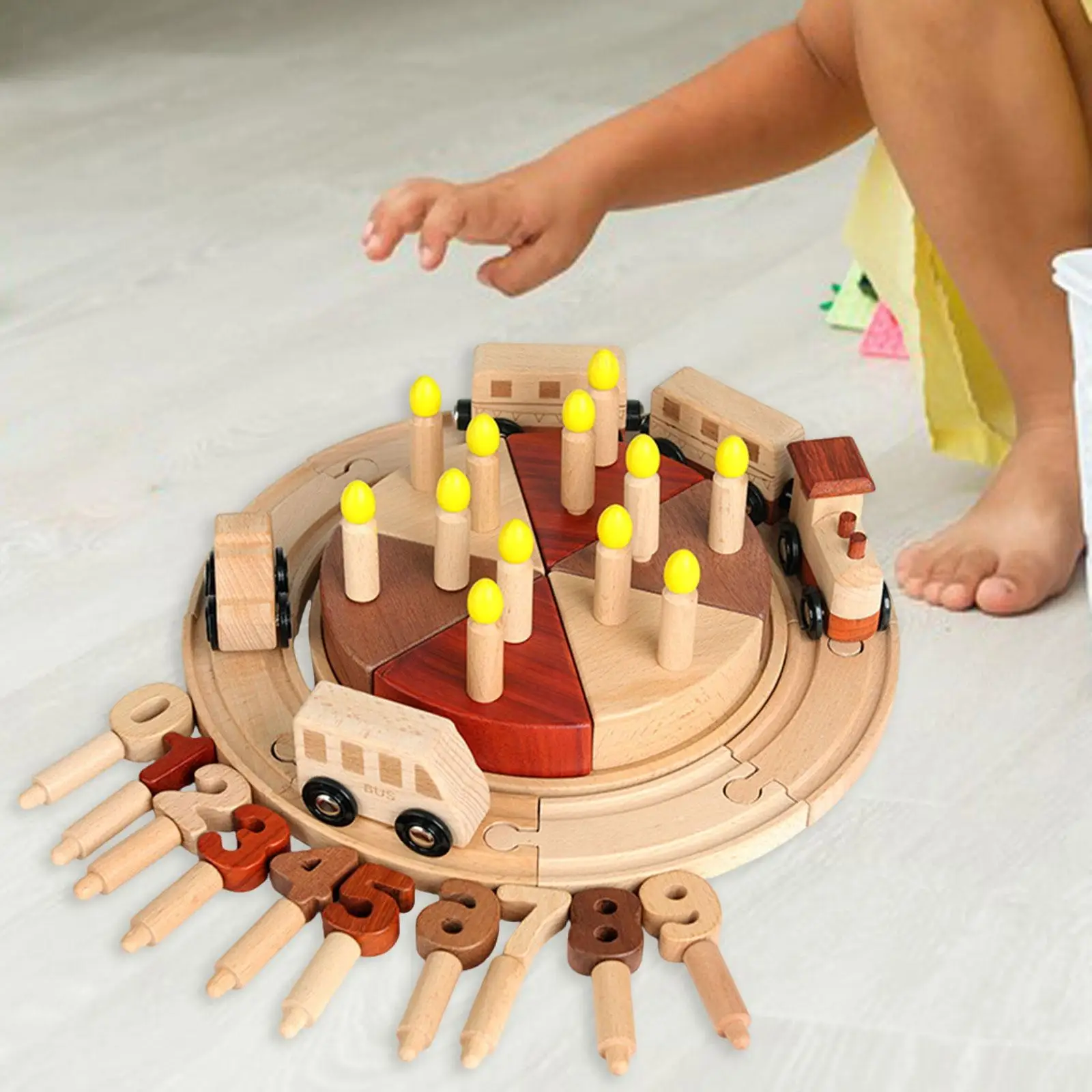 Wooden Birthday Cake Train Montessori Tea Party Toy DIY Pretend Play with Candle and Accessories for Holiday Preschool Party