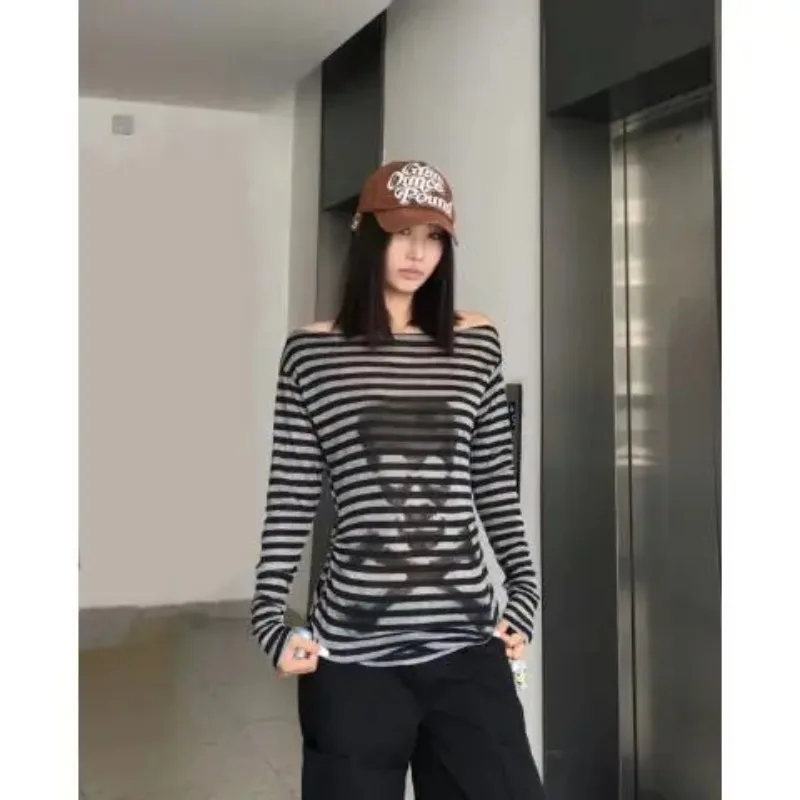 

Полосатая футболка на одно плечо с длинными рукавами и принтом черепа в стиле панк, осенняя облегающая футболка