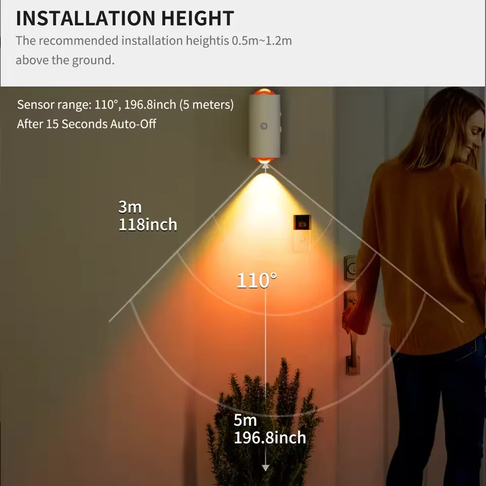 LED محس حركة الجدار مصباح أضواء الجدار RGB Warmlight ديكور المنزل تضيء صعودا وهبوطا ضوء الليل قابلة للشحن لشرفة الدرج