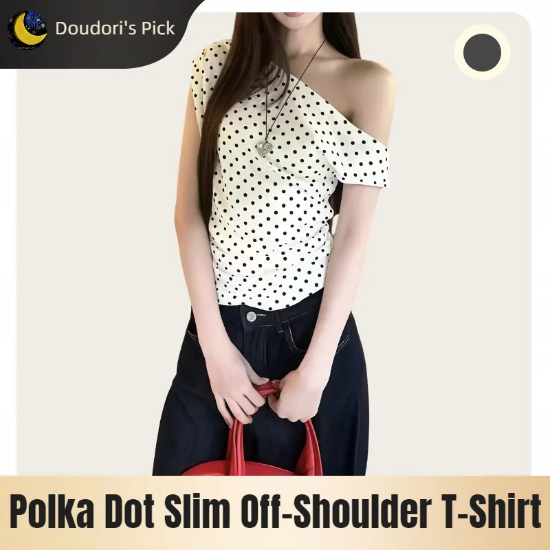 Summer Polka Dot Off-Shoulder T-Shirt Women Slim Fit