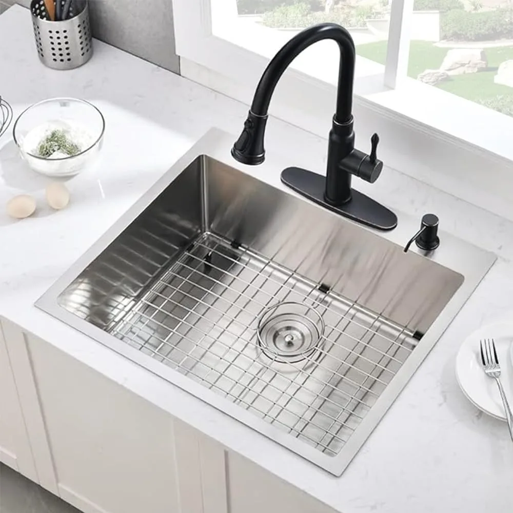 

25 x 22 Inch 16 Gauge Stainless Steel Single Bowl Kitchen Sink with 10 Inch Diameter and Two Holes