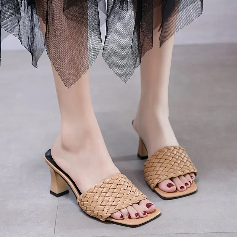 New Square High Heels Slippers Summer Women Square Toe Sandals Ladies Pu Leather Plaid Outside Female Fashion Woman Shoes Mules