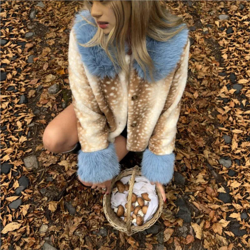 Women Faux Fur Cropped Jacket Deer Spot Print Contrast Blue Fur Collar Cuff Short Coat Ladies Warm Furry Outerwear Streetwear