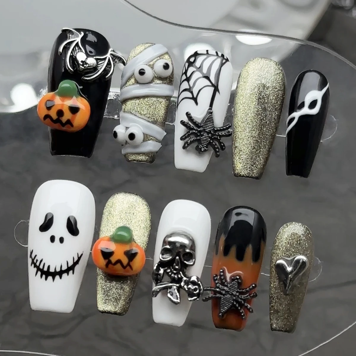 10pcs handmade press Mid-length coffin-shaped nails，halloween，Gothic，Zombie Bandaged，Metal spider，ghost smiley face，skull，bat