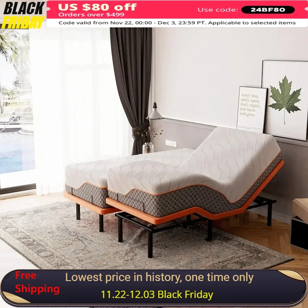 Split King Size Adjustable Bed Frame, Massage, 14” Luxury Cool Gel Memory Foam Hybrid Mattress, Head and Foot Incline, Bed Frame