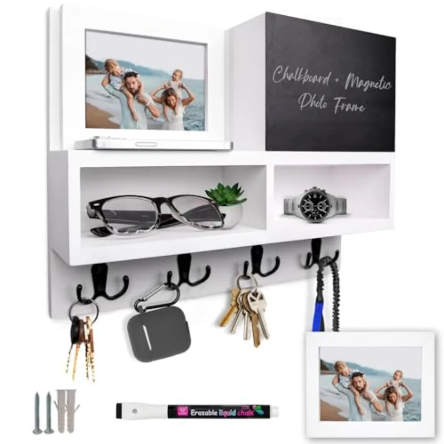 

Настенный держатель для ключей и почты с меловой доской, магнитной рамкой для фотографий, двойным хранилищем и отсеками для хранения