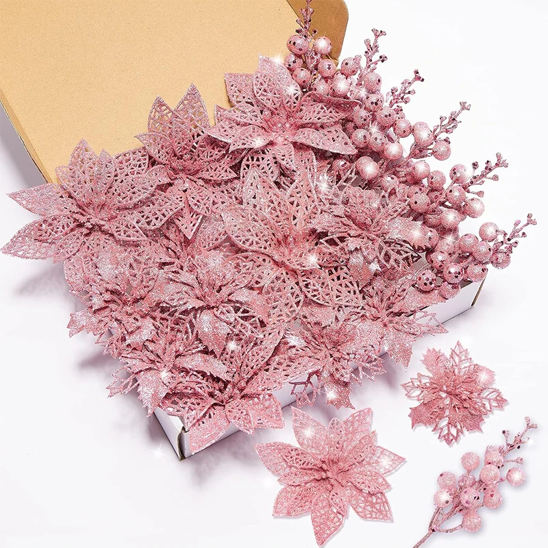 20Pcs Christmas Decoration Glitter Berrie Artificial Flower Bouquet Christmas Tree Ornament for Home New Year 2025 Navidad Decor