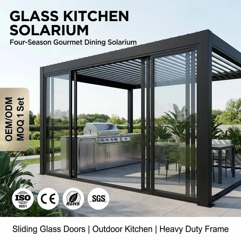 Luxury Bioclimatic Pergola with Sliding Glass Outdoor Kitchen Modern Residential Solarium Balcony Backyard Dining Gazebo