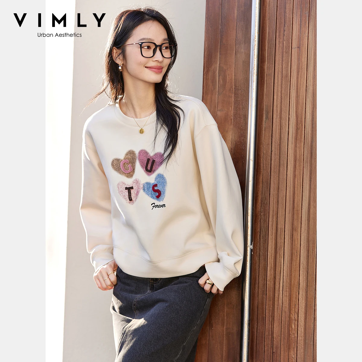 VIMLY Women's Graphic Sweatshirt 2025 Spring Autumn Letter Embroidered Loose Crew Neck Long Sleeve Top Woman Clothing A0399