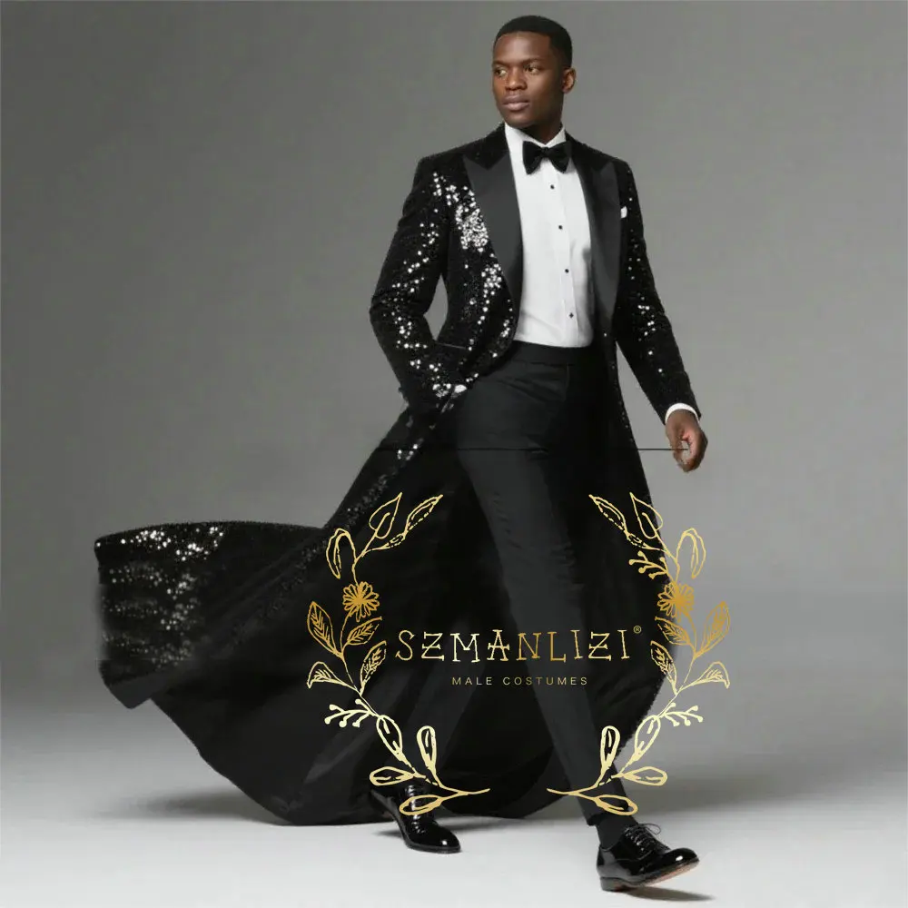 Black Sequins Suits Men 2 Pieces Sets Peaked Lapel Groom Blazers Sets Long Tail Customized Wedding Tuxedo costumes homme
