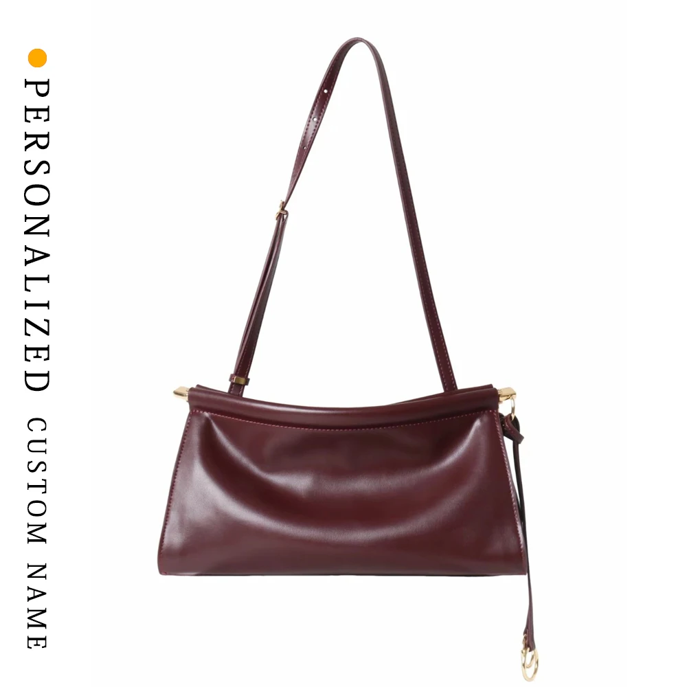 

2025 New two-layer cowhide one-shoulder retro French women's bag niche design minimalist style commuter bag free gold stamping