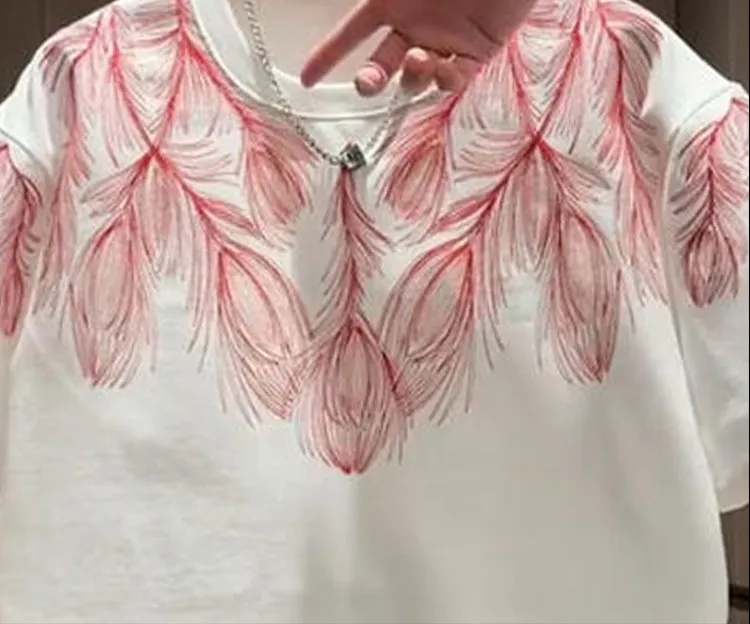 2026 Summer New American Style Men's Black White Feather Embroidery Loose Casual Streetwear Round Neck Short Sleeve T-shirt