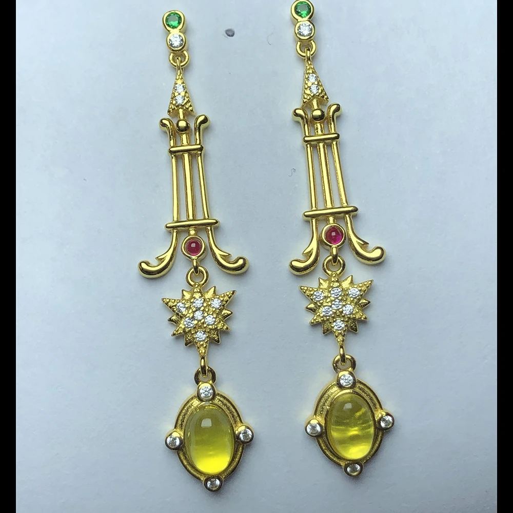 Prehnite Earrings Gemstones 925 Silver Golden Yellow as one wishes Earring Women's long earring